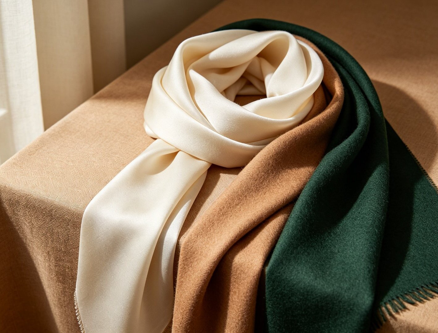 Layered silk and cashmere scarves in ivory, camel and deep green