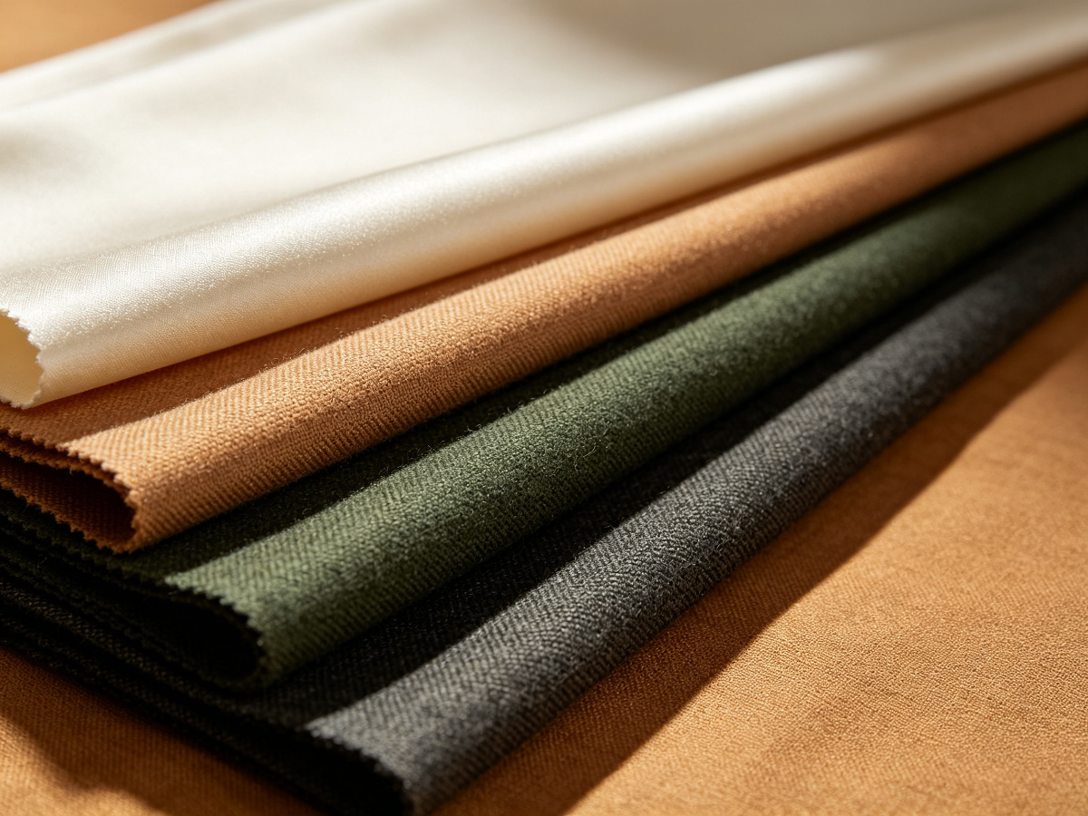 Stack of silk, cashmere, wool and linen fabric swatches